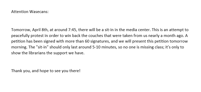 ShutUpTyler_'s tweet photo. HELP SPREAD THE WORD: TELL THE LIBRARIANS WE WANT THE COUCHES BACK http://t.co/QLQjVJH4GK