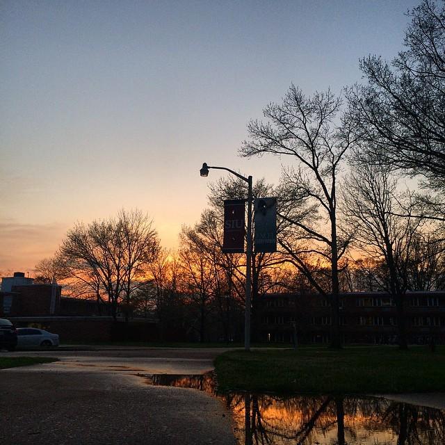 rabbitearz93's tweet photo. Reflecting. 7:30 p.m. #commbuilding #SIU #salukisinspring #rain #puddle #weather #sunset http://t.co/Gn425TlukI http://t.co/WXUMKIZua1