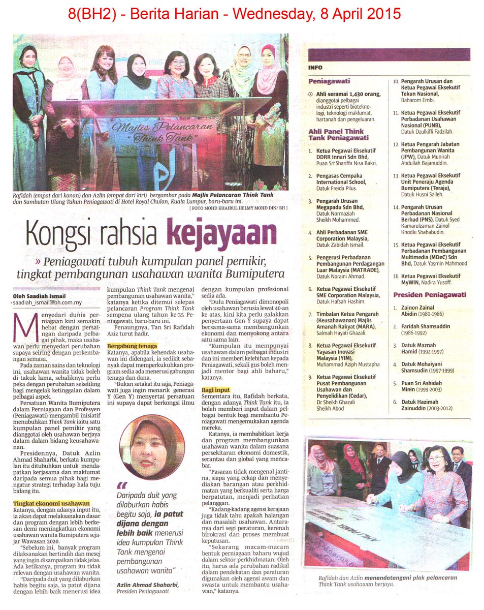 8.4.2015 <a href="/bharianmy/">Berita Harian</a>-Kongsi rahsia kejayaan.<a href="/hjhrohanikarim/">Rohani Abdul Karim</a> <a href="/azizahmohddun/">Azizah Mohd Dun</a> <a href="/chewmeifun/">Chew Mei Fun</a> <a href="/Dsabyh/">sabariah</a> @munirah_jpw <a href="/cheazizah/">Che Azizah</a>
