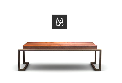 Madrona Cocktail Table - 22" H x 54" L x 17" D
Finish: bronze patina 
Surface: Mahogany 
@ michaelsean.com