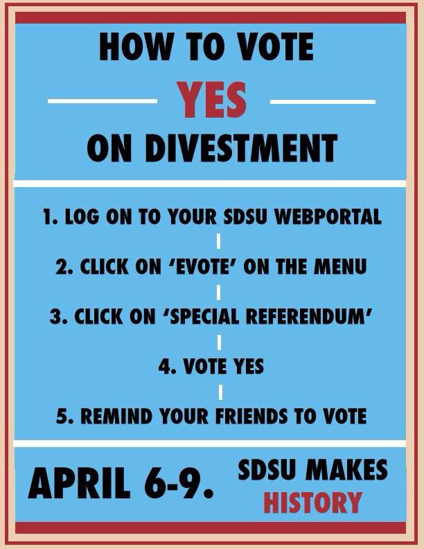 SDSU_SJP's tweet photo. Don't forget to vote YES! ✊#NoRestUntilWeDivest http://t.co/FXnW3Kc2KX