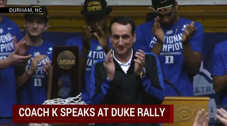CBSNews's tweet photo. WATCH LIVE: @DukeU welcomes home NCAA champions http://t.co/iTu8TqefnJ via @CBSNLive http://t.co/4epPaBMj54