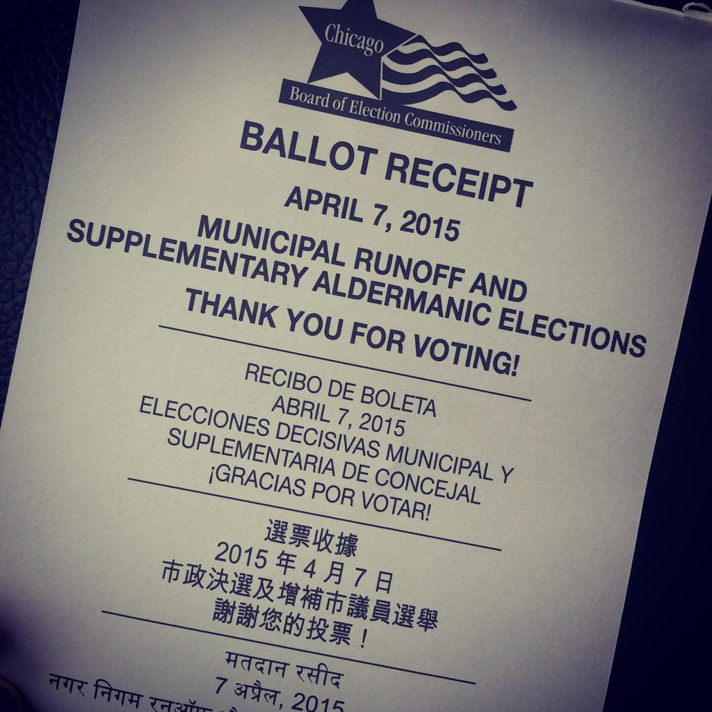 CatalinaNava2's tweet photo. Just voted. There is still time to go vote! Do it! #ChicagoElection2015 #vote #Chicago #Runoff2015 http://t.co/GXy9TylibI