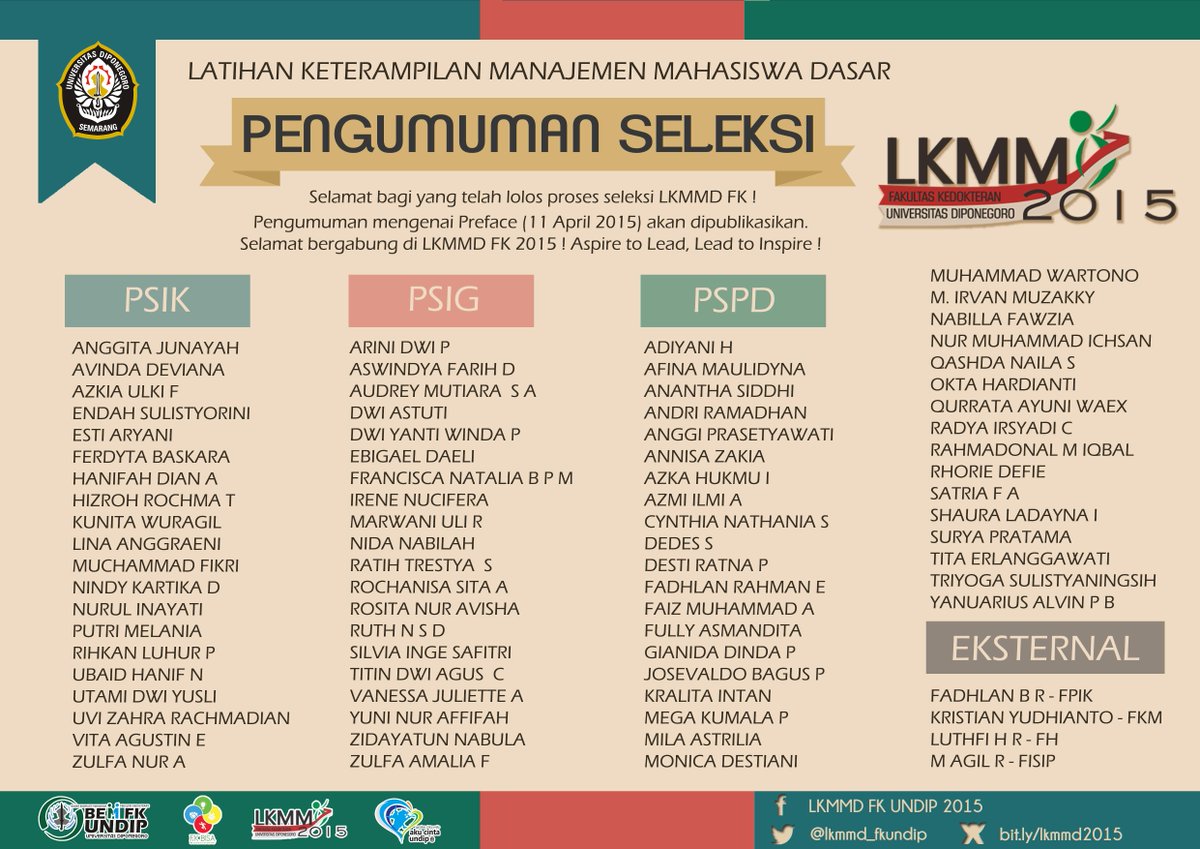 Pengumuman LKMMD FK. Kami ucapkan selamat bagi yg lolos, Selamat bergabung bersama LKMMD FK 2015!!