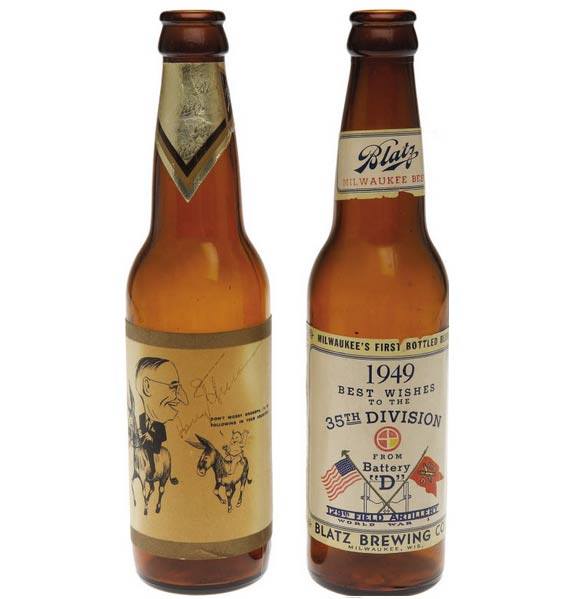 HarrySTrumanNPS's tweet photo. Blatz beer bottles from 1949 commemorating President Truman’s WWI artillery unit, “Battery D.” #NationalBeerDay http://t.co/WfRflsCwmV