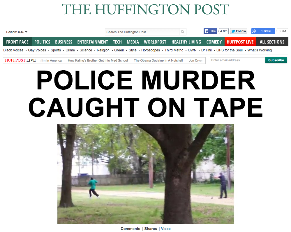 HuffPost's tweet photo. Now leading HuffPost: POLICE MURDER CAUGHT ON TAPE http://t.co/GdcJ2Fa5hw http://t.co/3TAuPNZBnz