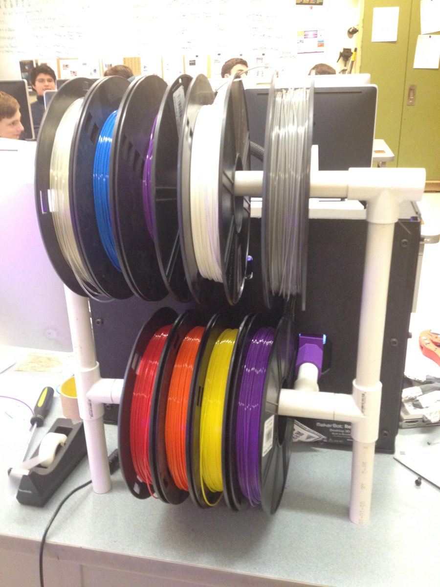 CalHoward's tweet photo. Double-decker filament rack for the classroom's Replicator 2 #makerbot #mvrhs #3dprinter http://t.co/GyUFe2ujmQ