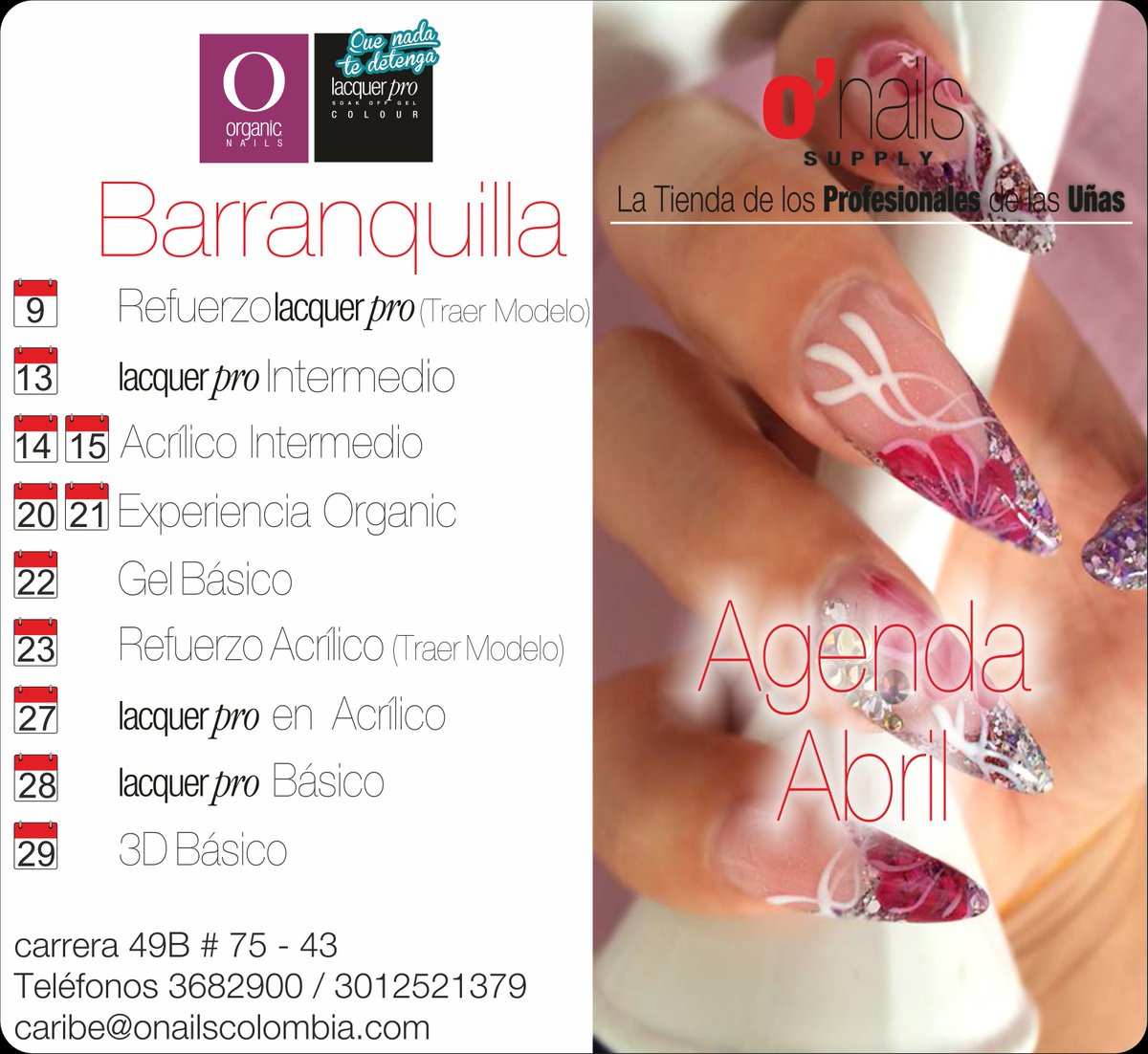 OrganicNailsCo's tweet photo. Agenda de capacitaciones #Barranquilla  #Talleres #Acrilico #Lacquerpro #Abril http://t.co/x2r22EYy6N