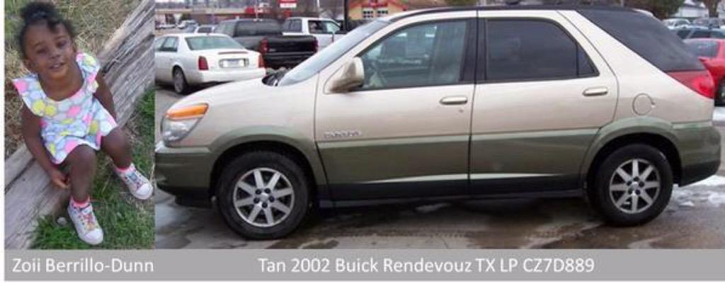 KCBD11's tweet photo. AMBER ALERT (cont.) Here is a picture of the vehicle @LubbockPolice are looking for. 2 yo Zoii was in the backseat. http://t.co/3Ex9wzAUDX
