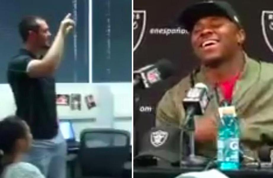 BleacherReport's tweet photo. VIDEO: Raiders QB Derek Carr interrupts Khalil Mack’s press conference, asking who is faster. http://t.co/e93U5oIKbL http://t.co/NOvVYTKZ2H