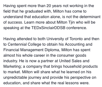 TEDxSinclair's tweet photo. Our fourth speaker has just been released! Don't miss Milton Tjin TED talk LIVE at TEDxSinclairDDSB! http://t.co/gj2PUNq9VD