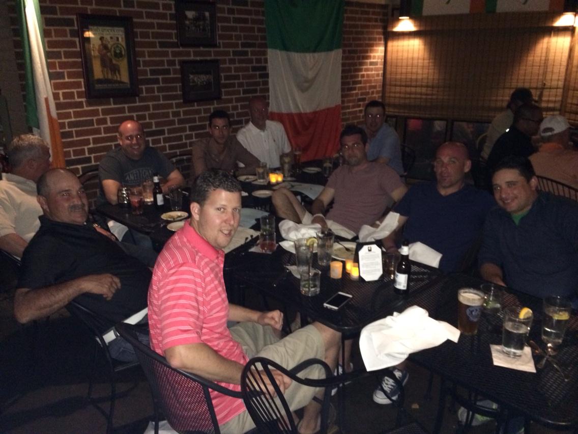 Golfdom's tweet photo. Dinner w the #NJGCSA guys... Pilot Mike in the foreground. Turf jockeys everywhere else. #Masters15 http://t.co/3hld1OZfsd