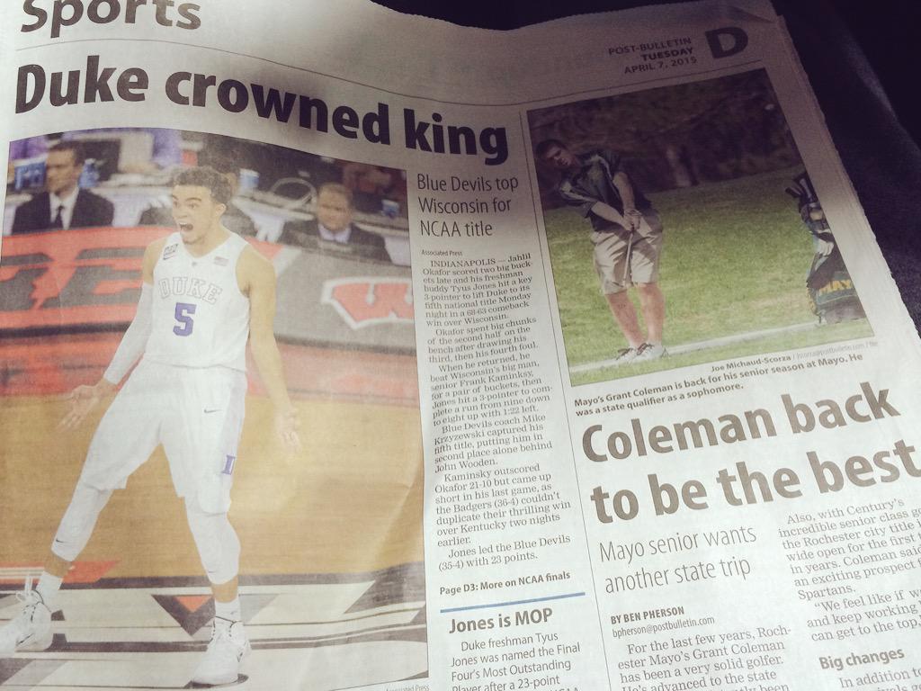plund23's tweet photo. @GrantColeman24 congrats on sharing a page in the paper with @Tyusjones06 #equallygood http://t.co/vmRyjmAyKH
