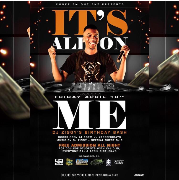 WeeBeTheReason's tweet photo. This Friday All College Students &amp; 21+ Are Free All Night "Wee" Celebrating @Ziggaroni Bday! Meet Us @ @TheSkybox850 http://t.co/SWdJQY7jjU
