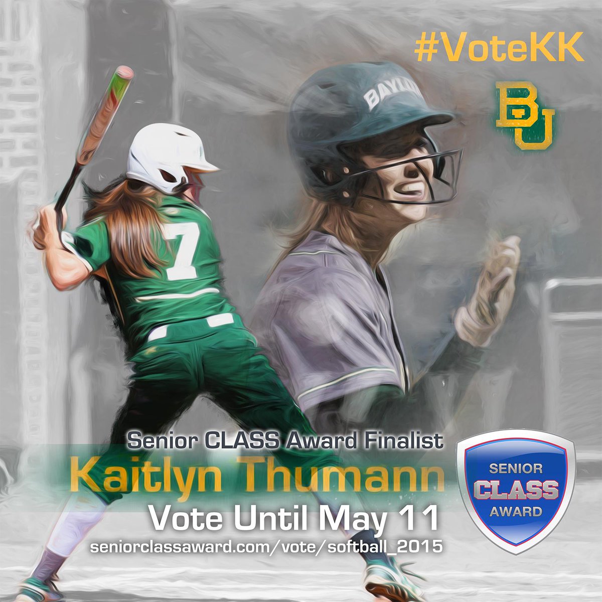 BaylorSoftball's tweet photo. Congrats to Kaitlyn Thumann! Finalist for @snrclassaward Award - VOTE until May 11 http://t.co/J62dygBnnh #VoteKK http://t.co/1t063WCn5i