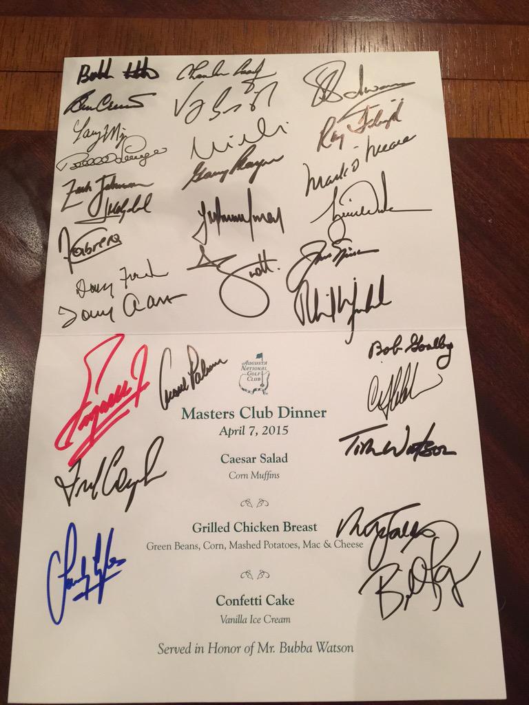 bubbawatson's tweet photo. Tonight's @TheMasters Champions Dinner menu!! #TheMasters #samething http://t.co/9KYNWb8yG2