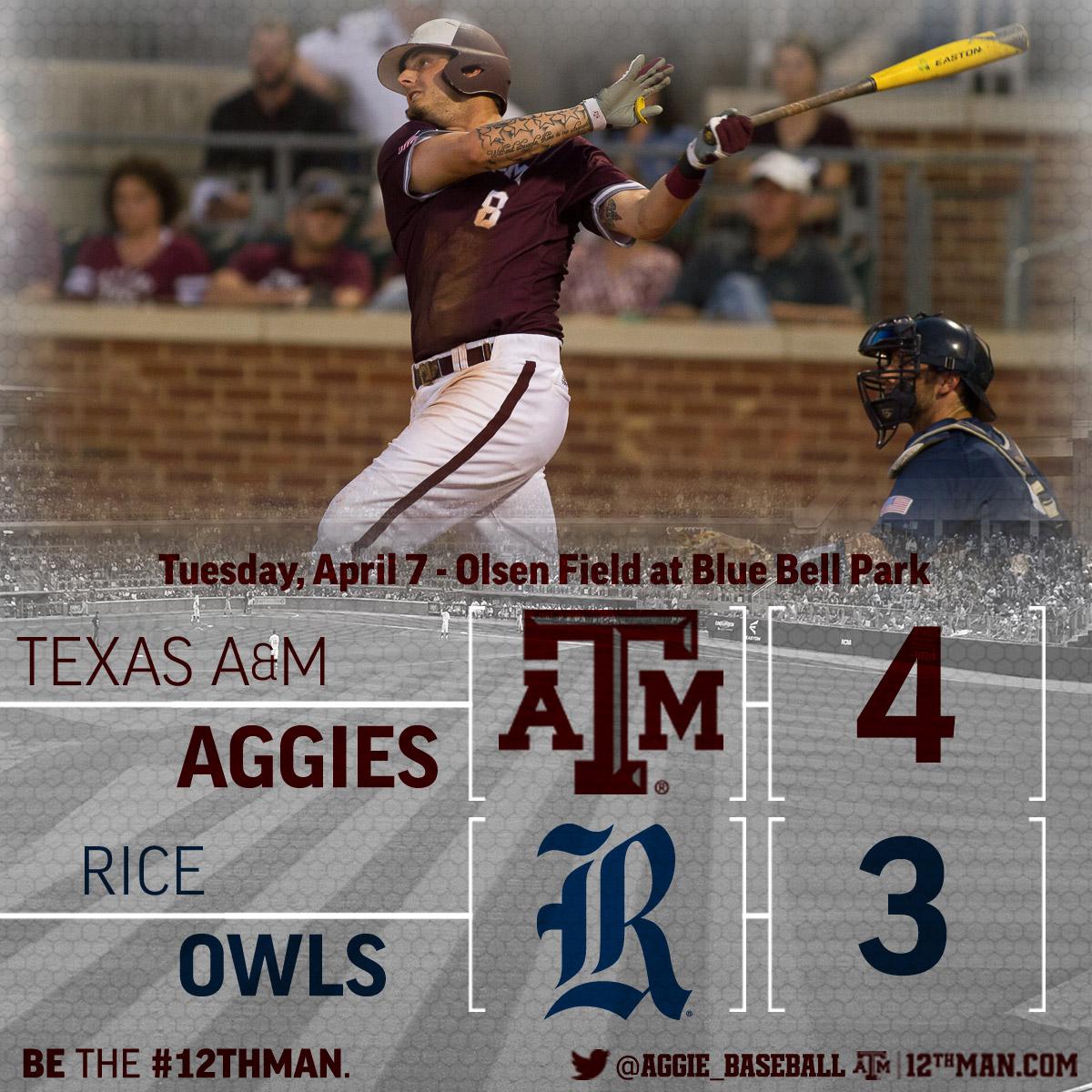 AggieBaseball's tweet photo. Aggies pick up a 4-3 win over Rice! #ShareTheWin #12thMan http://t.co/luGYxfsLgP