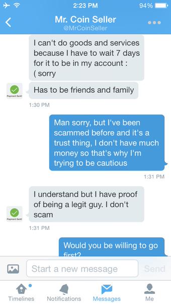 EAScammerFinder's tweet photo. @MrCoinSeller scammed @DavidMunitz out of $4 #MaddenMobileScam (2/4) http://t.co/GZv4LfyDnQ