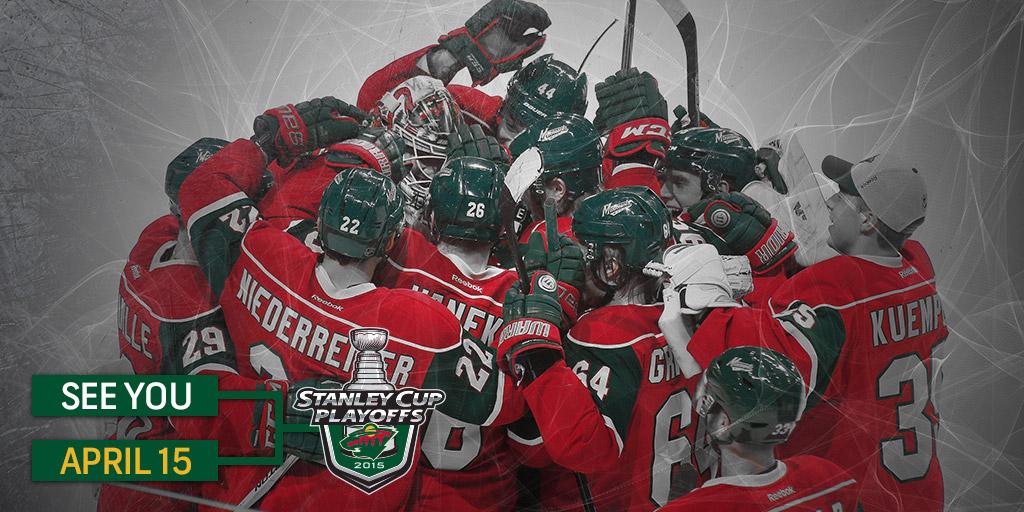 NHL's tweet photo. Stanley Cup Playoffs bound. See you when the postseason begins April 15, @mnwild. http://t.co/C4mVf3KY9J