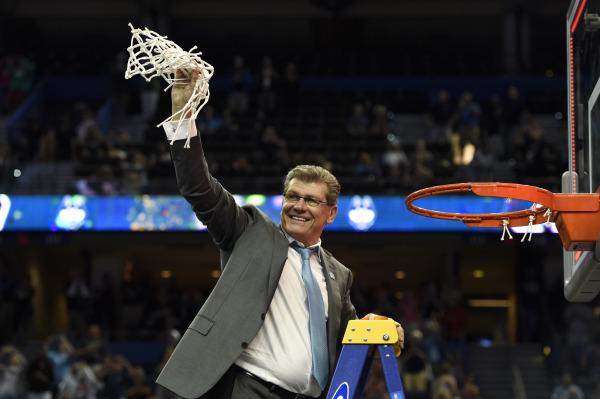 UConnWBB's tweet photo. This guy has had some practice cutting down nets. Congrats on No. 10, Coach! #BleedBlue #UConn http://t.co/mGLFxlVRme