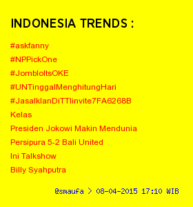showtrendingID's tweet photo. Top : 08-04-2015 17:10  ↑

1.#askfanny 
2.#NPPickOne 
3.#JombloItsOKE http://t.co/njkRFwl4RI