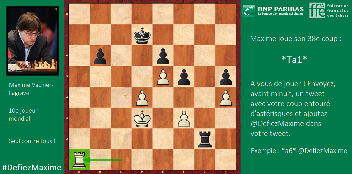 DefiezMaxime's tweet photo. Maxime joue son 38e coup : Ta1. Les tours sont déchaînées dans cette fin de partie #DefiezMaxime #bnpparibas_net http://t.co/VRQ2jBiGyt