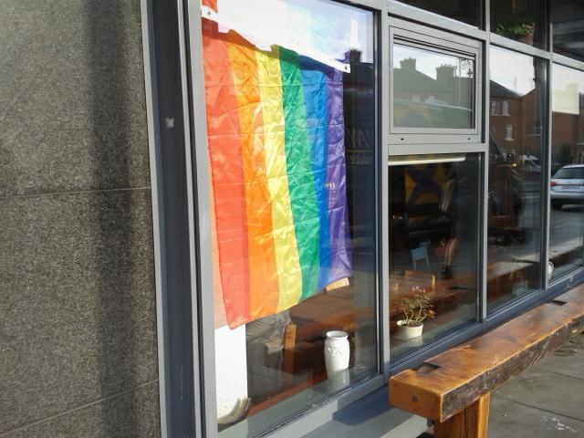 k_zappone's tweet photo. A photo sent in from The Fumbally Cafe proudly displaying their #YesWindows! #MarRef #YesEquality http://t.co/1Hiy7a4Noa