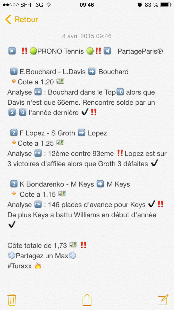 PartageParis's tweet image. !!! Voici notre première analyse coté Tennis !!!
 $$ CÔTE à 1.73 :) $$
 ¤ Partager un max ¤
 #@PartageParis 
#Turaxx