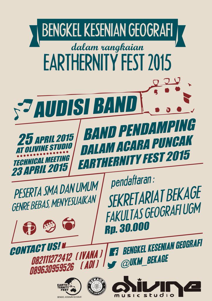 <a href="/kampusbiru/">#cintakudikampusbiru</a> Audisi Band Pembuka EARTHERNITY FEST 2015 25 April 2015 at Olivine Studio, more info: <a href="/ukm_bekage/">Bengkel Kesenian Geografi</a>