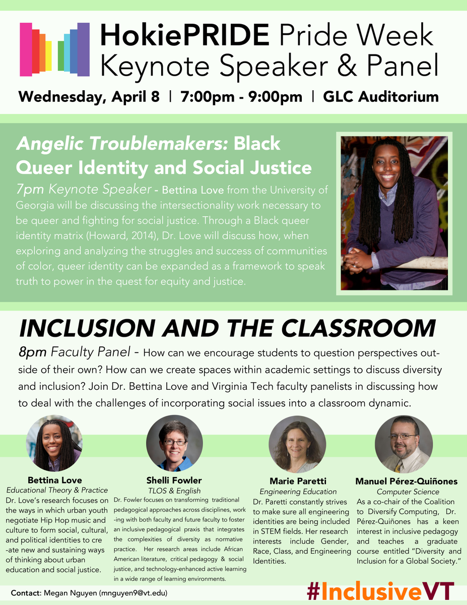 hokieprideofvt's tweet photo. Join us tonight at 7 for our keynote @BLoveSoulPower &amp; faculty panel on inclusive learning spaces!! #InclusiveVT http://t.co/u8DotHC0Pn