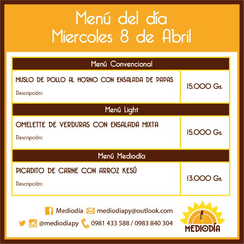 mediodiapy's tweet photo. Les dejamos el menú de hoy miércoles 08 de abril.

¡Que tengan un lindo día! http://t.co/Vxhd1wsWRH