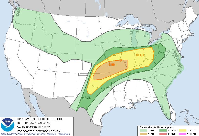 FEMA_Deanne's tweet photo. Severe #Wx expected - central Plains &amp; lower Missouri Valley this afternoon/evening. http://t.co/4LVJObJQ3I @NWSSPC http://t.co/edeMzZqfIU