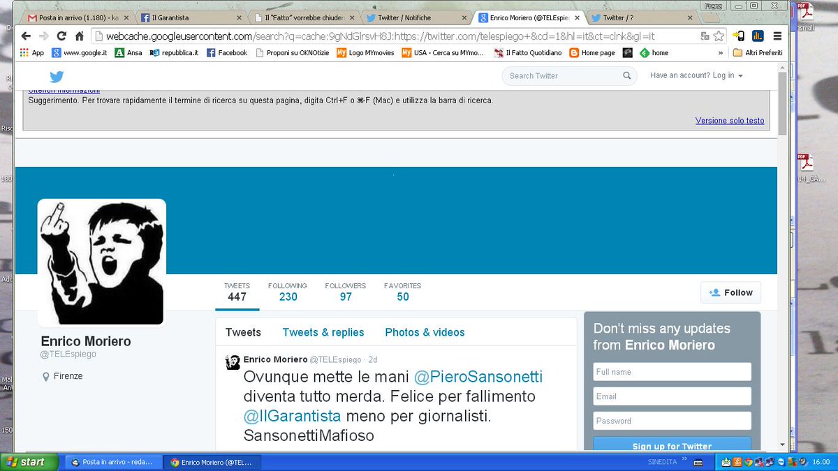 Caro Enrico Moriero, nonostante la tua fuga da Twitter, la querela non te la scansi, sta sereno, baci e abbracci
