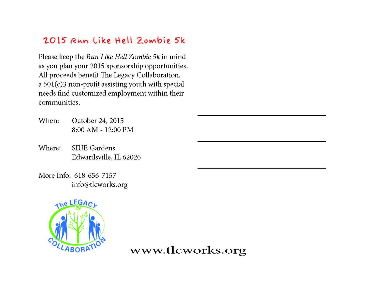 TLC_Works's tweet image. SAVE THE DATE - 2015 Run Like Hell Zombie 5k is set for October 24!