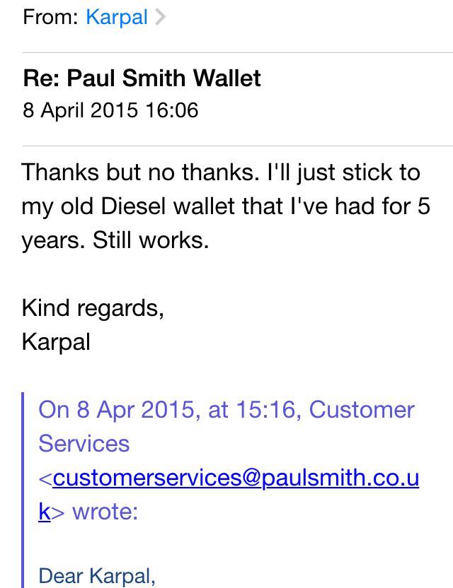 kagesin's tweet photo. @PaulSmithDesign £15! Great customer service. I'll stick to my 5 yr old @DIESEL wallet. Sorry I ever left u @DIESEL. http://t.co/mIDbUa4Uw1