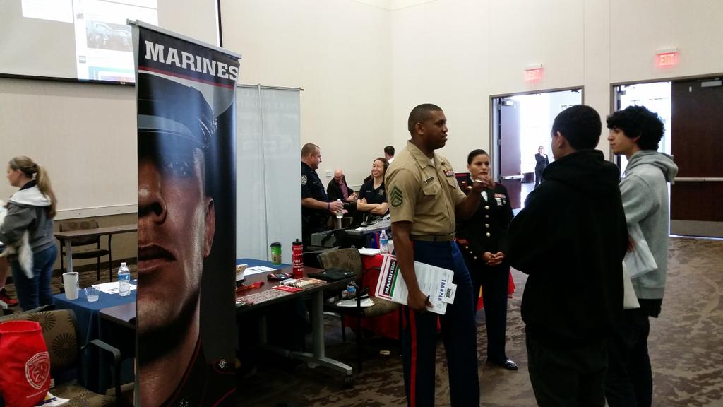 CollinCEHealth's tweet photo. Watching the few and the proud @USMC talking to Frisco students...#FriscoCareers15 http://t.co/ixS5KjTECf