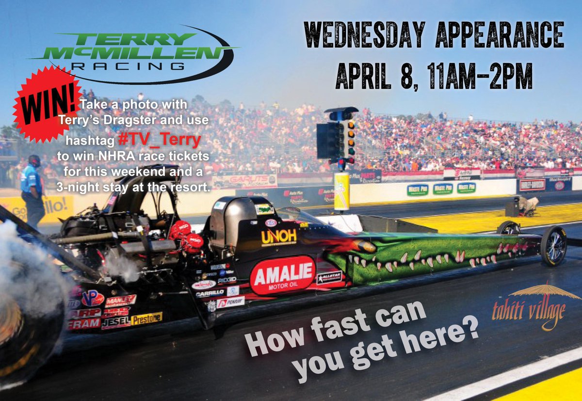 TahitiVillage's tweet photo. Meet @TerryMcMillen from 11am-2pm today, as the #NHRADragRacer makes the his first 2015 appearance! #TV_Events #Vegas http://t.co/ehcWe2ZCh0