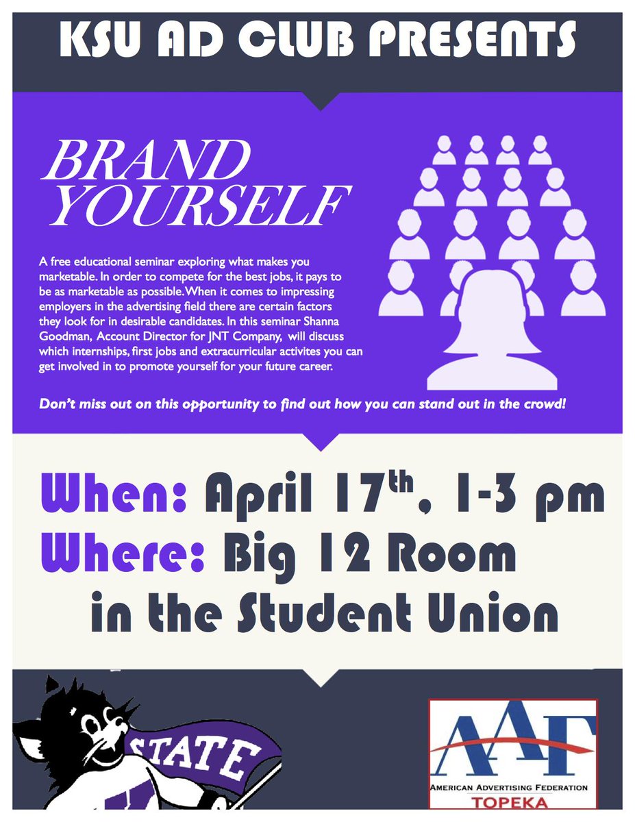 KSUAdClub's tweet photo. Don't miss out on our Brand Yourself seminar! http://t.co/j9i7J6K8wI