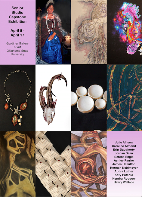 The Senior Studio Capstone show is now open. The reception and artist talks will be on Thursday, April 9th from 5-7p.