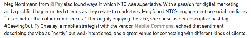 atpay's tweet photo. Thanks @SapientNP for including @atpay in your #NTC15 round up! #GeekingOut @MegNordmann http://t.co/pvtj4kUuPv http://t.co/j5tTzL7Xlo