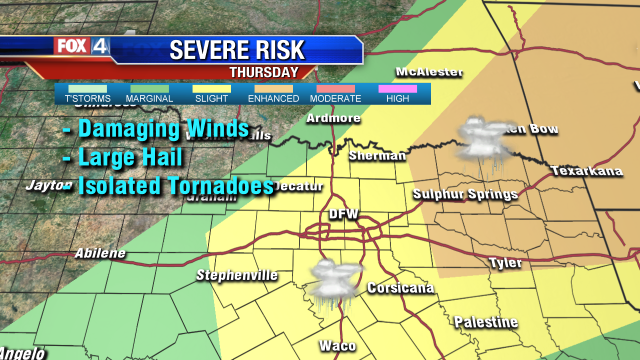 WxManDanHenry's tweet photo. The severe risk has been upgraded east of DFW for Thu. Severe storms will likely have damaging winds &amp; large hail. http://t.co/jwrbFOXOGu