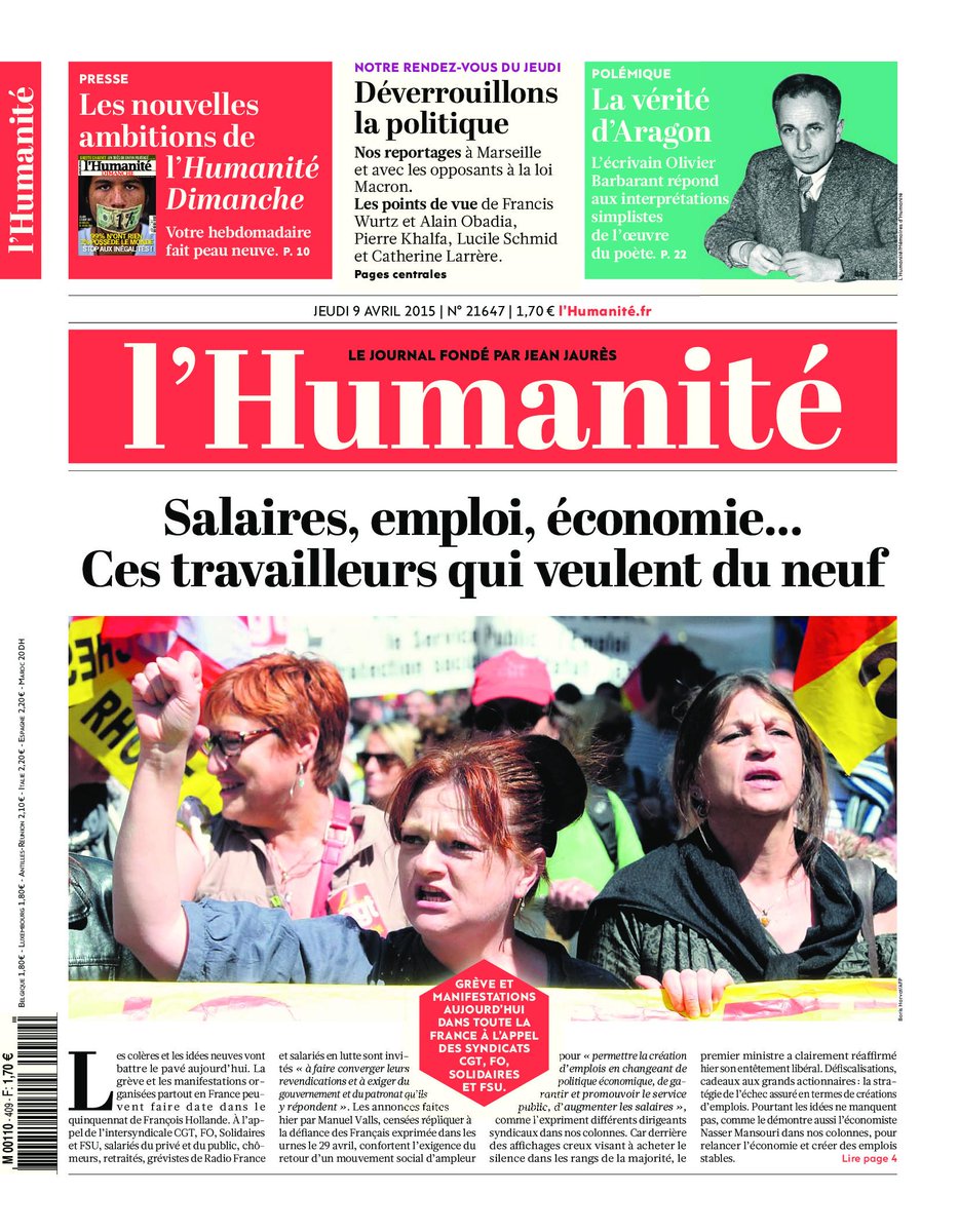 A la Une de l'Humanité demain 9 avril : Salaires, emploi, économie...Ces travailleurs qui veulent du neuf #9avril