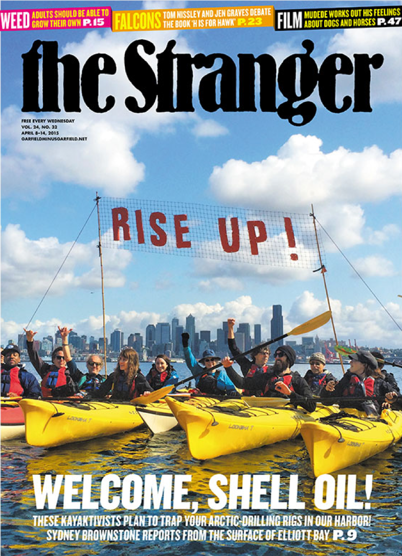 GParctic's tweet photo. .@strangerslog’s new cover shows how #Seattle is getting ready for #Shell’s #Arctic rigs. #shellno http://t.co/jBwG8TOOZ7