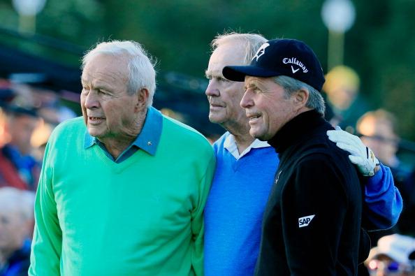 PGATour's tweet photo. Arnold Palmer on tomorrow's opening tee shot: "I can't wait to get out there and hit it past those two turkeys." http://t.co/UmblkNTkri