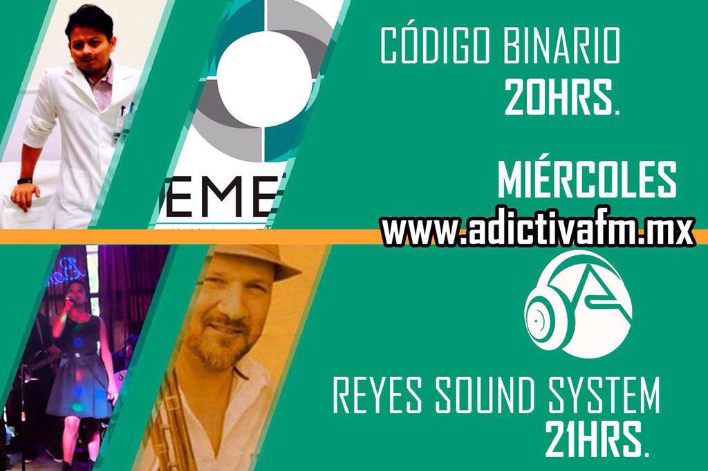 AdictivaRadioMX's tweet photo. Hoy a las 20 hrs #CódigoBinario entrevista #Telesalud y a las 21 hrs #ReyesSoundSystem con un gran set musical. http://t.co/MzBI3B61s0