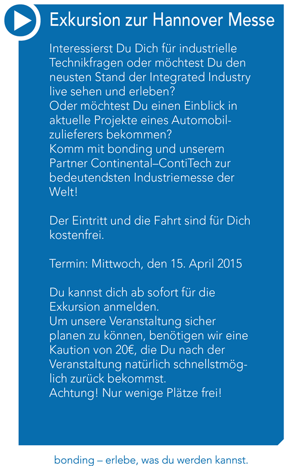 Fahre mit bonding am 15. April zur Hannover Messe #HM15  jetzt anmelden unter bit.ly/1AC6VBv