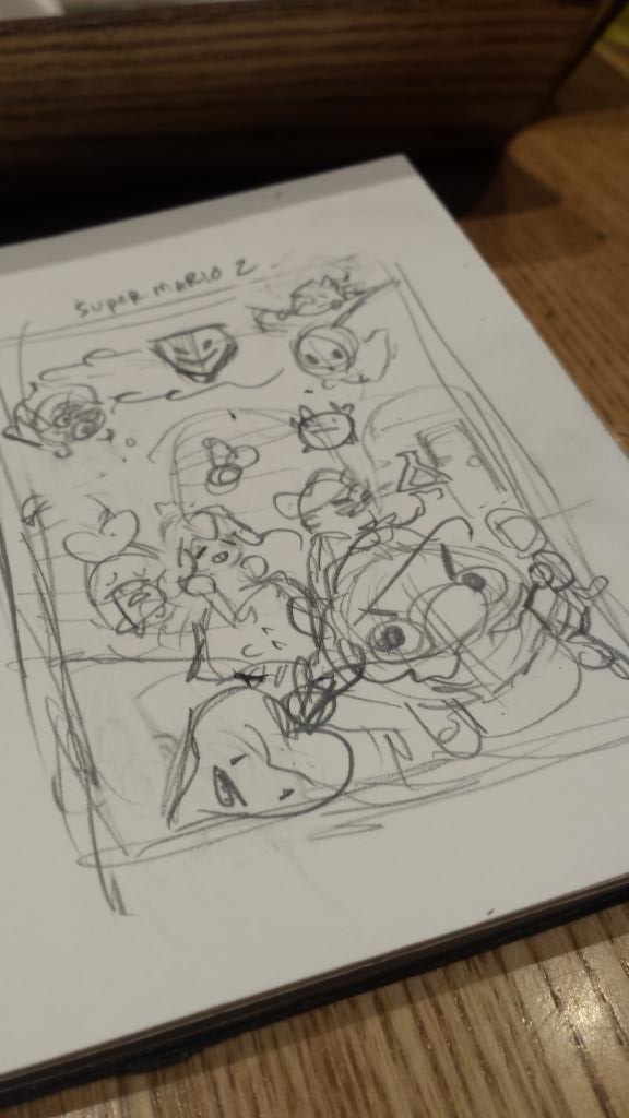 ohmonah's tweet image. sketching prints in a cafe with @SteveYurko  and @minjelato #wip #supermario2