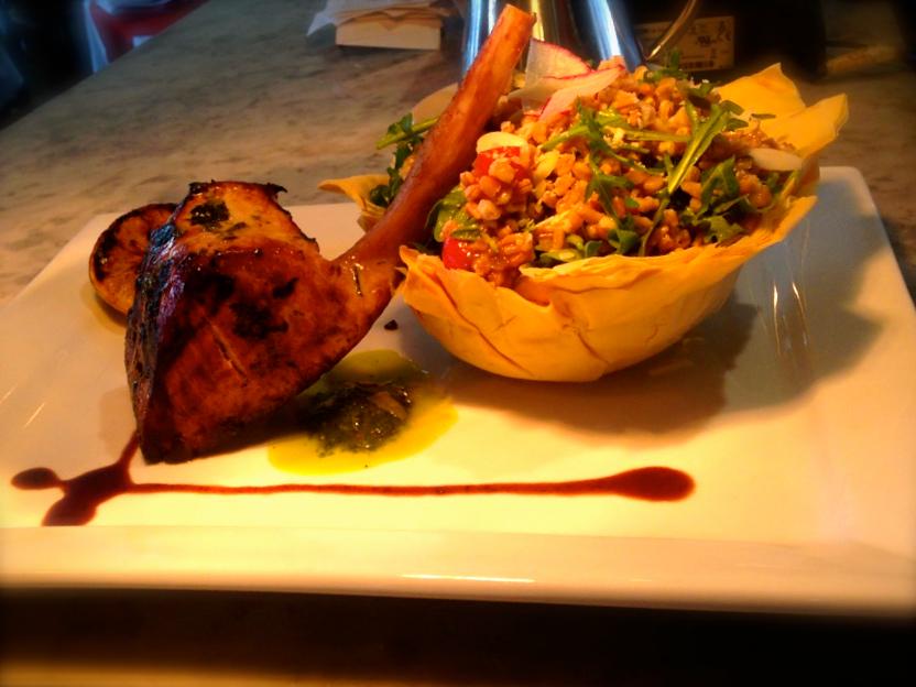 Mouthwatering! Grilled Swordfish Chop, farrow salad filo cup, roasted lemon #ChefBeni #italiansdoitbetter #Dracut