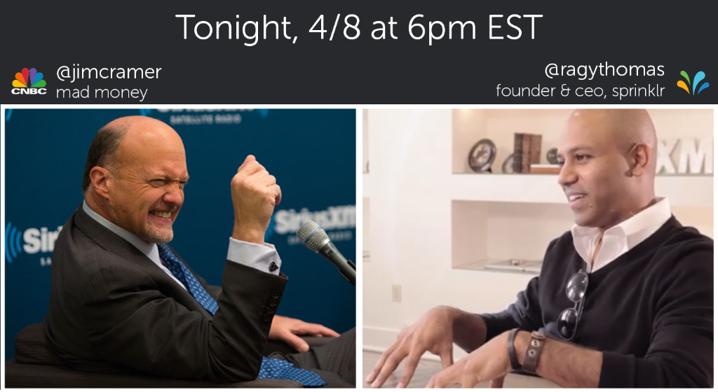Sprinklr's tweet photo. Can @ragythomas handle the madness? Tune in ONE HOUR to @MadMoneyonCNBC with @jimcramer! http://t.co/eQKL3LVQId http://t.co/08j3CTqsUt