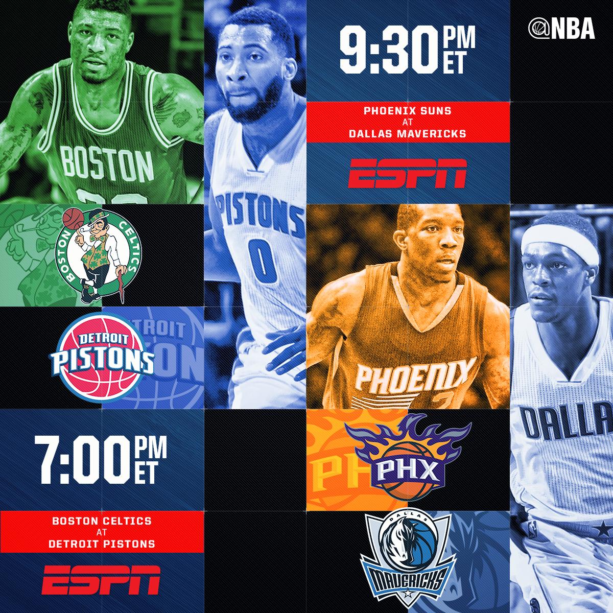 NBA's tweet photo. Tonight's @ESPNNBA #playoffpush Schedule tips off at 7pm/et @Celtics/@DetroitPistons,  followed by @Suns/@DallasMavs. http://t.co/UOzTqZcZb9